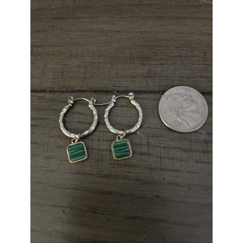 Small Silver Tone Hoop With Green Square Dangles